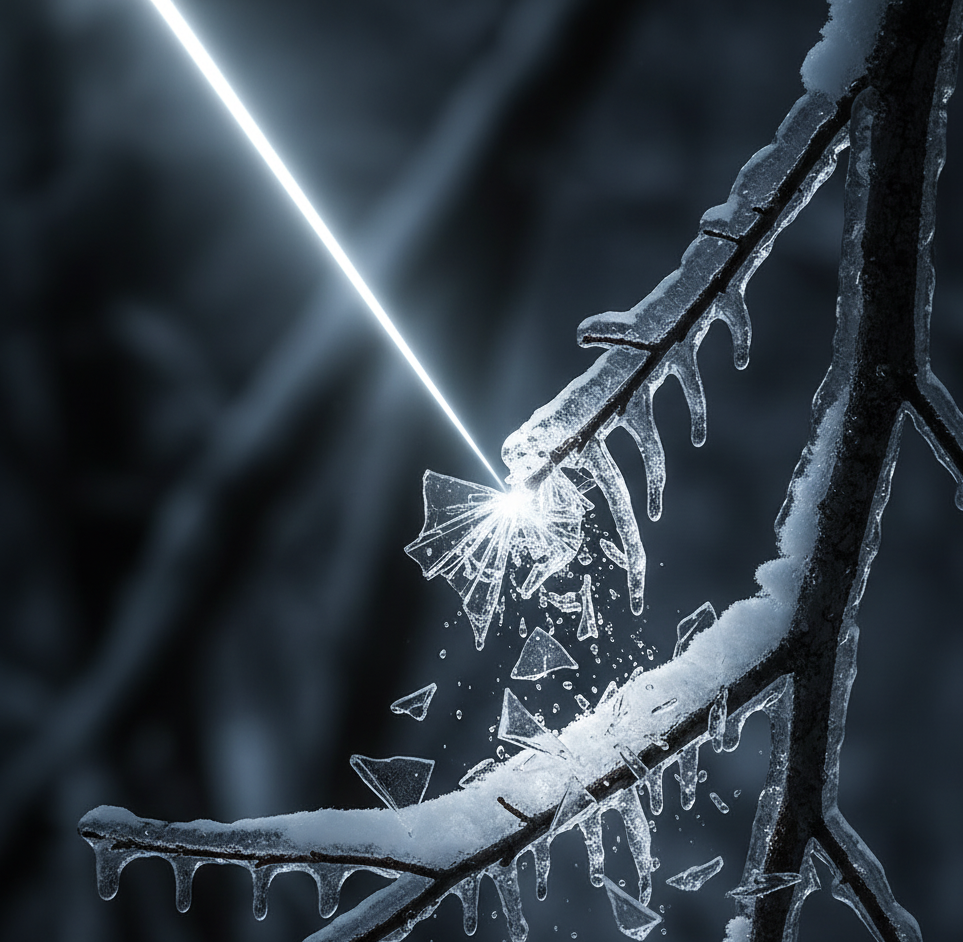 Ramas heladas bajo un rayo de luz, símbolo de transformación interior.
