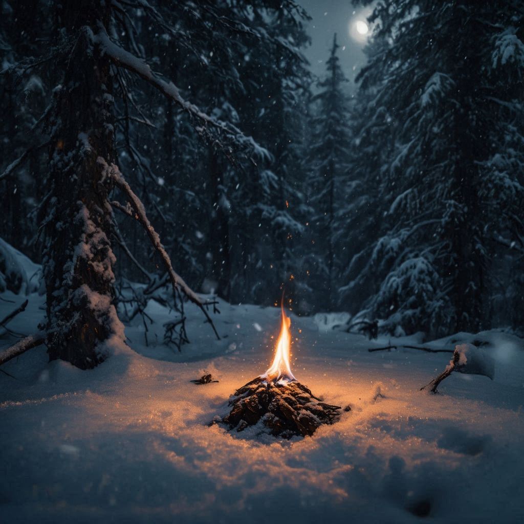 Pequeña llama brillante en el centro de un bosque invernal oscuro, simbolizando la fuerza interior que persiste en la noche más profunda.